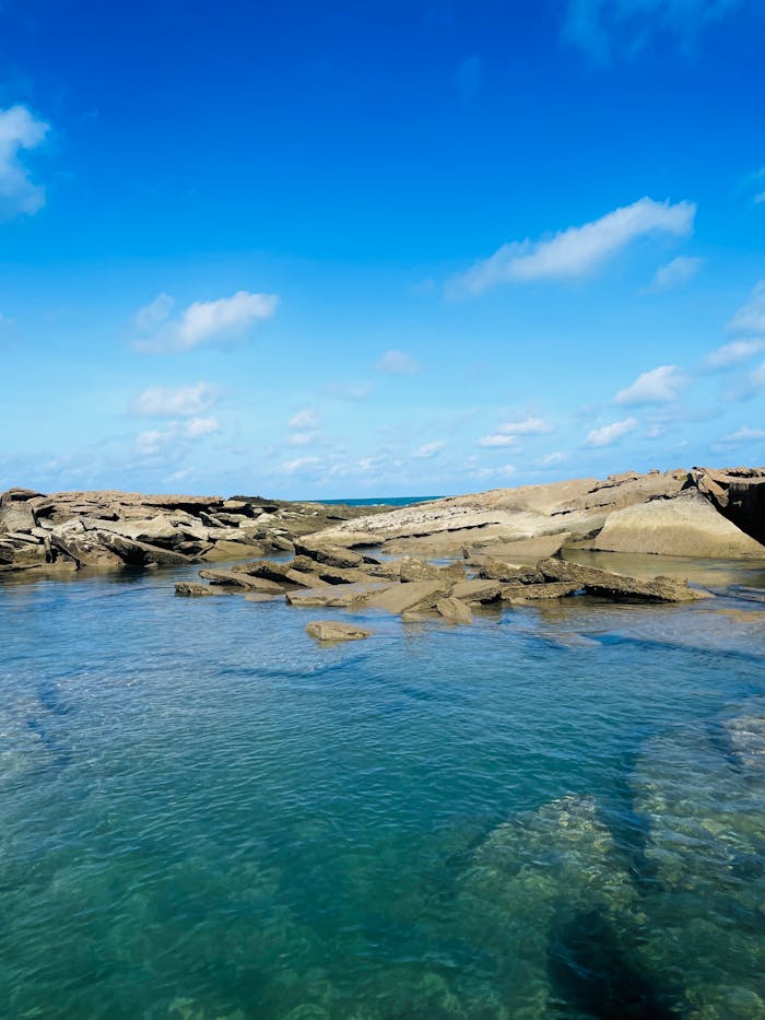 Pristine rocky coastline under a clear blue sky, ideal for travel and nature photography.